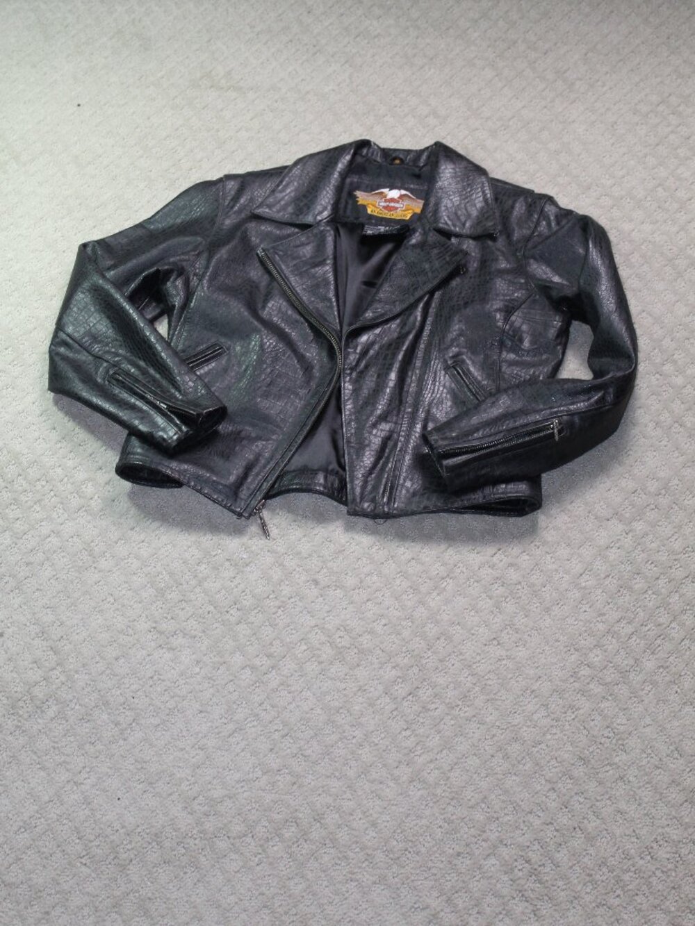 Vintage Harley Davidson Croc Embossed Black Leather Moto Jacket